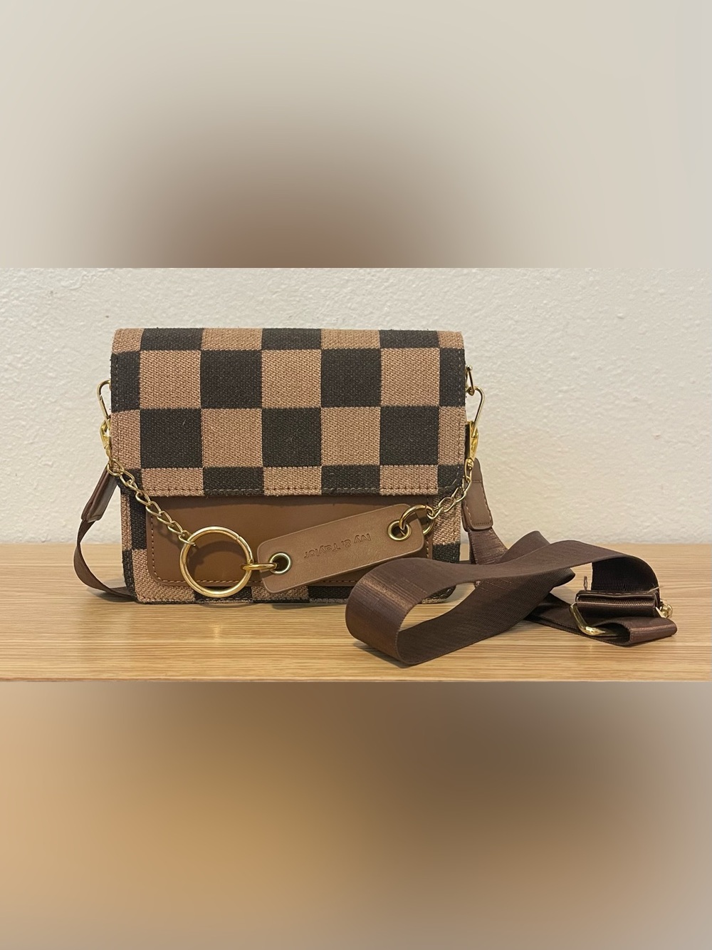 Ivy & Taylor Brown and Tan Leather Checkerboard Crossbody